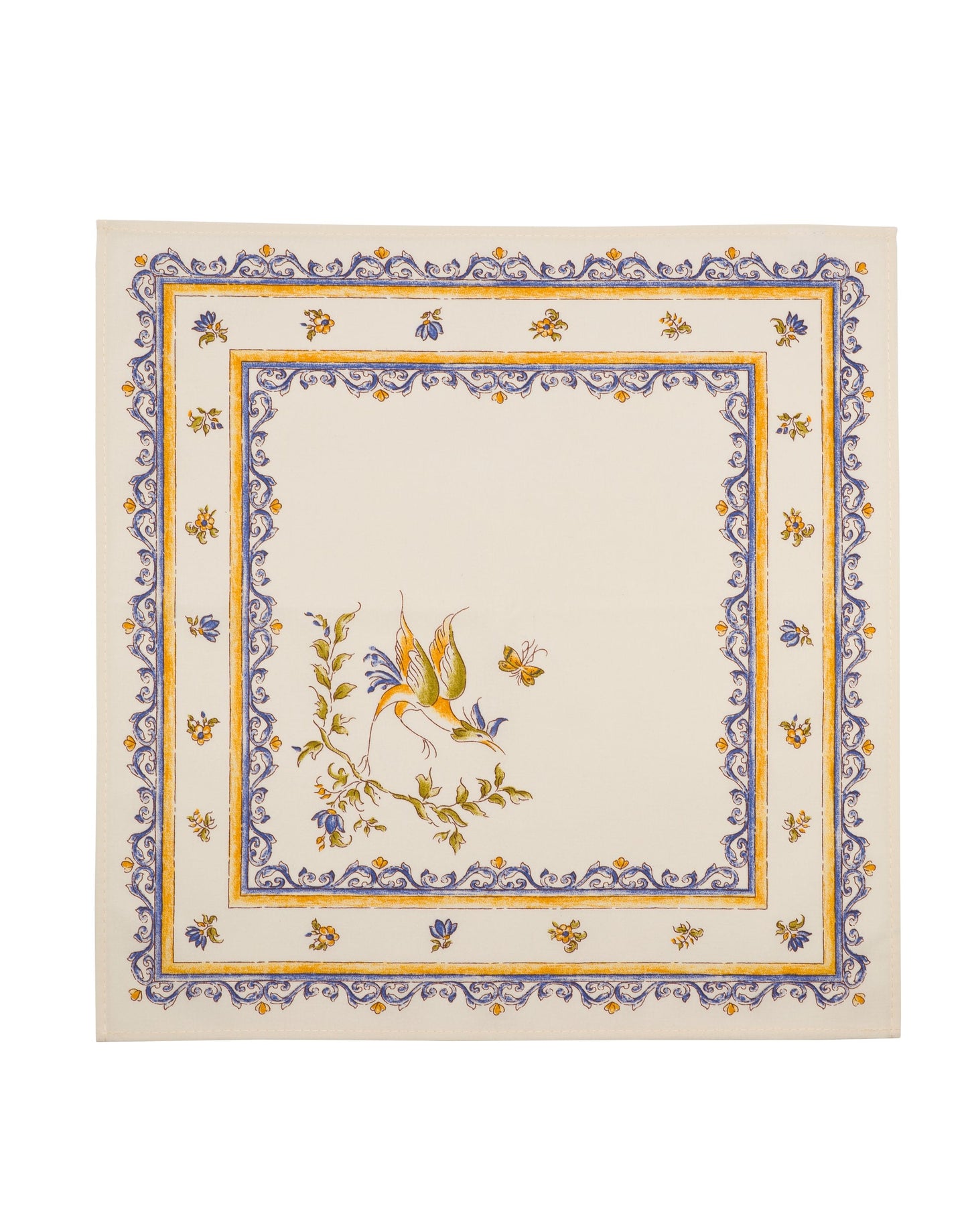 Provencal Traditional Cloth Napkins | Set of 4 | Moustiers Blue and Gold Birds (Moustiers Bleu)