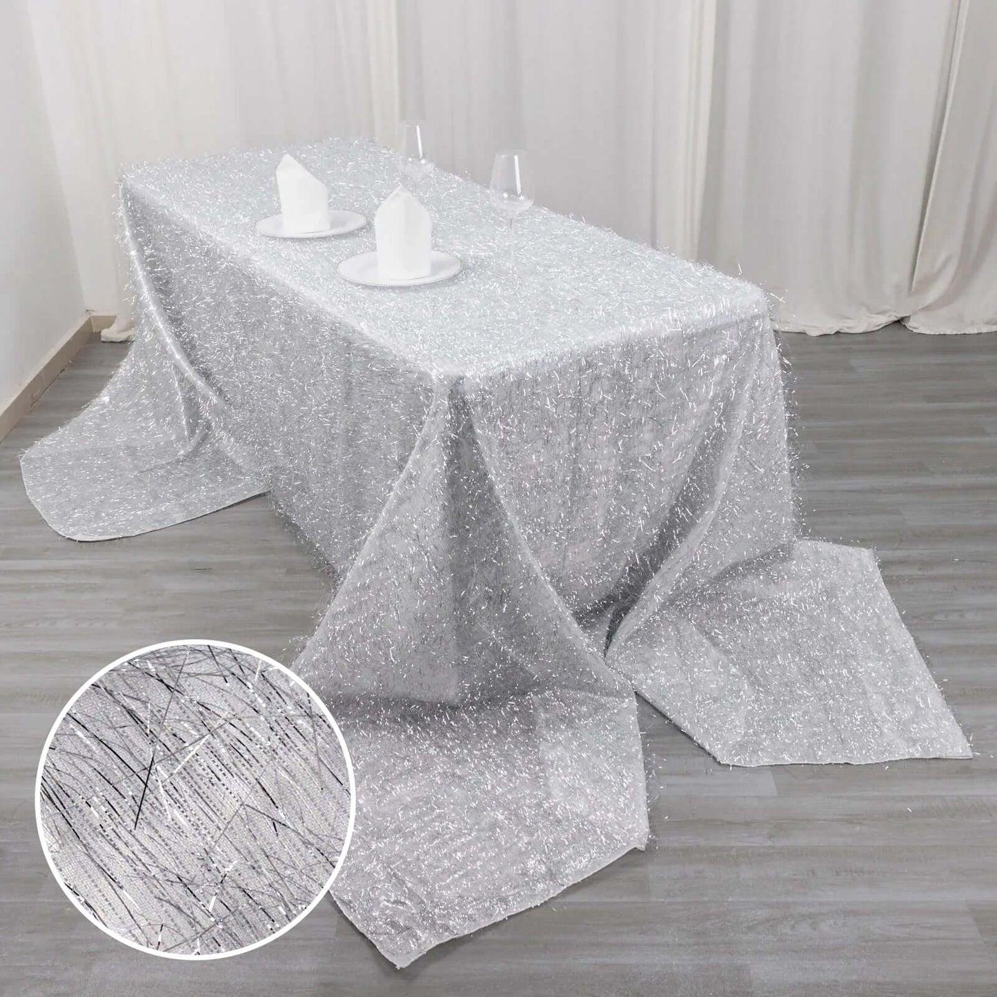 90"x156" Metallic Silver Premium Tinsel Shag Rectangular Tablecloth, Shimmery Metallic Fringe Polyester Tablecloth