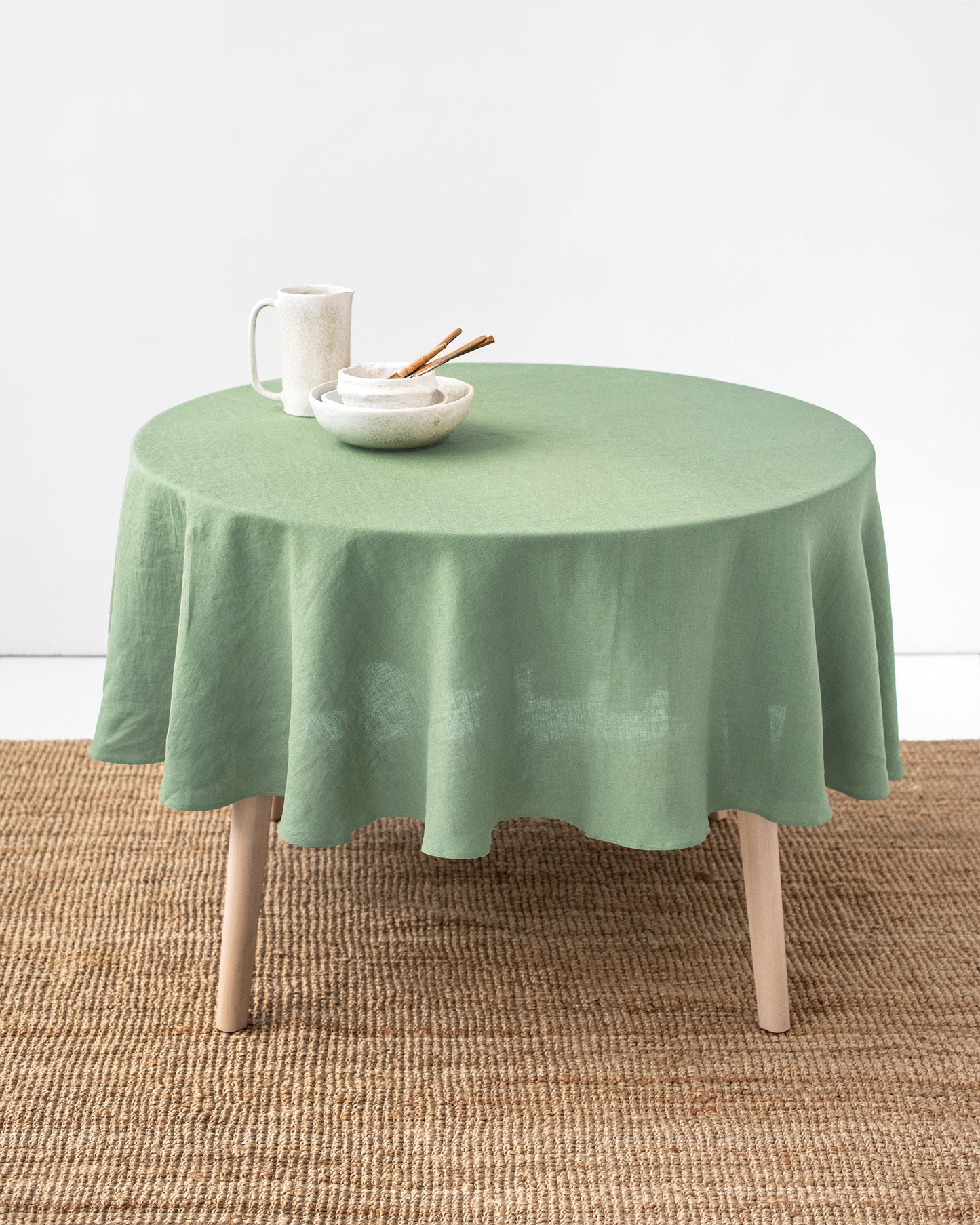 Round linen tablecloth in Matcha green