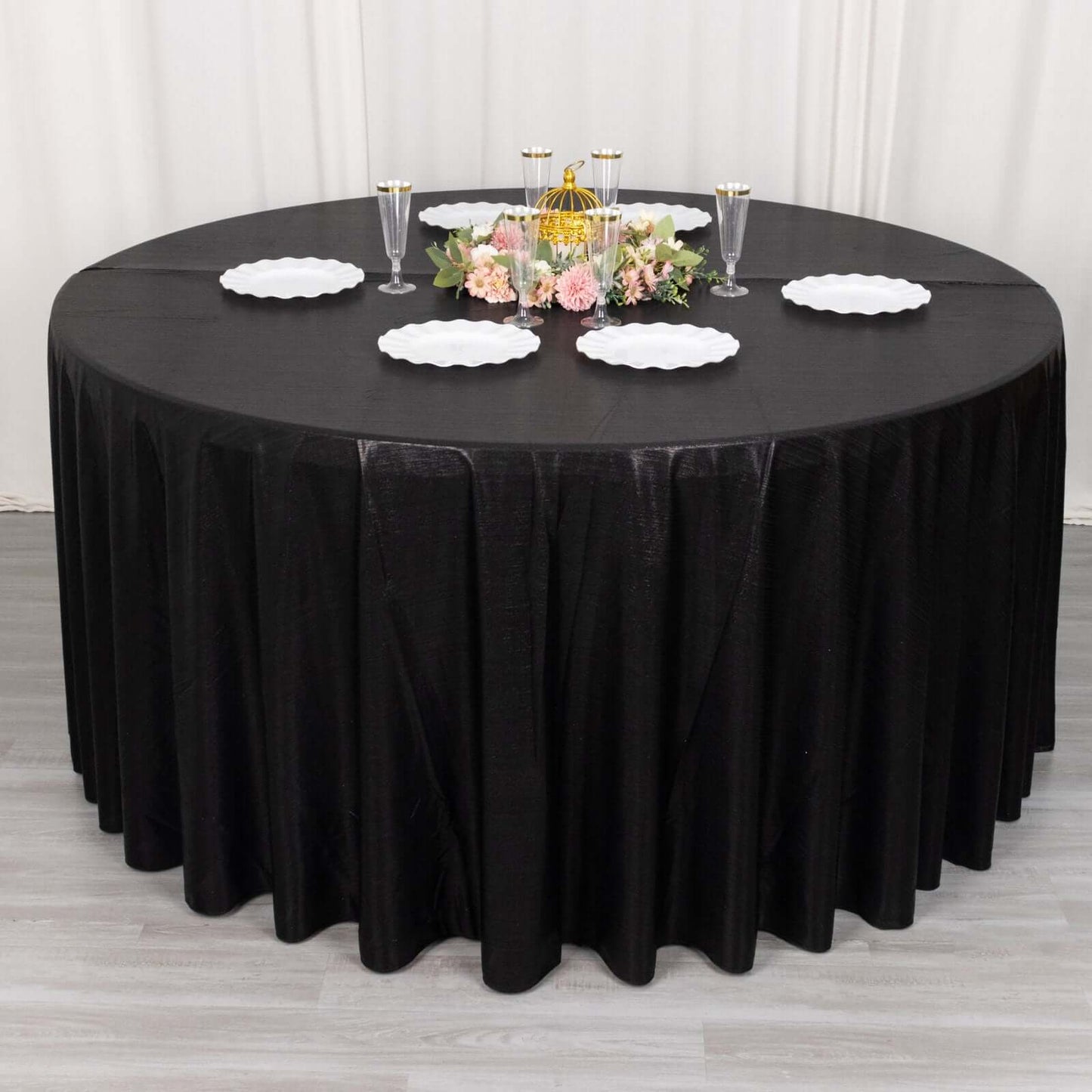 120" Black Shimmer Sequin Dots Polyester Tablecloth, Wrinkle Free Sparkle Glitter Table Cover
