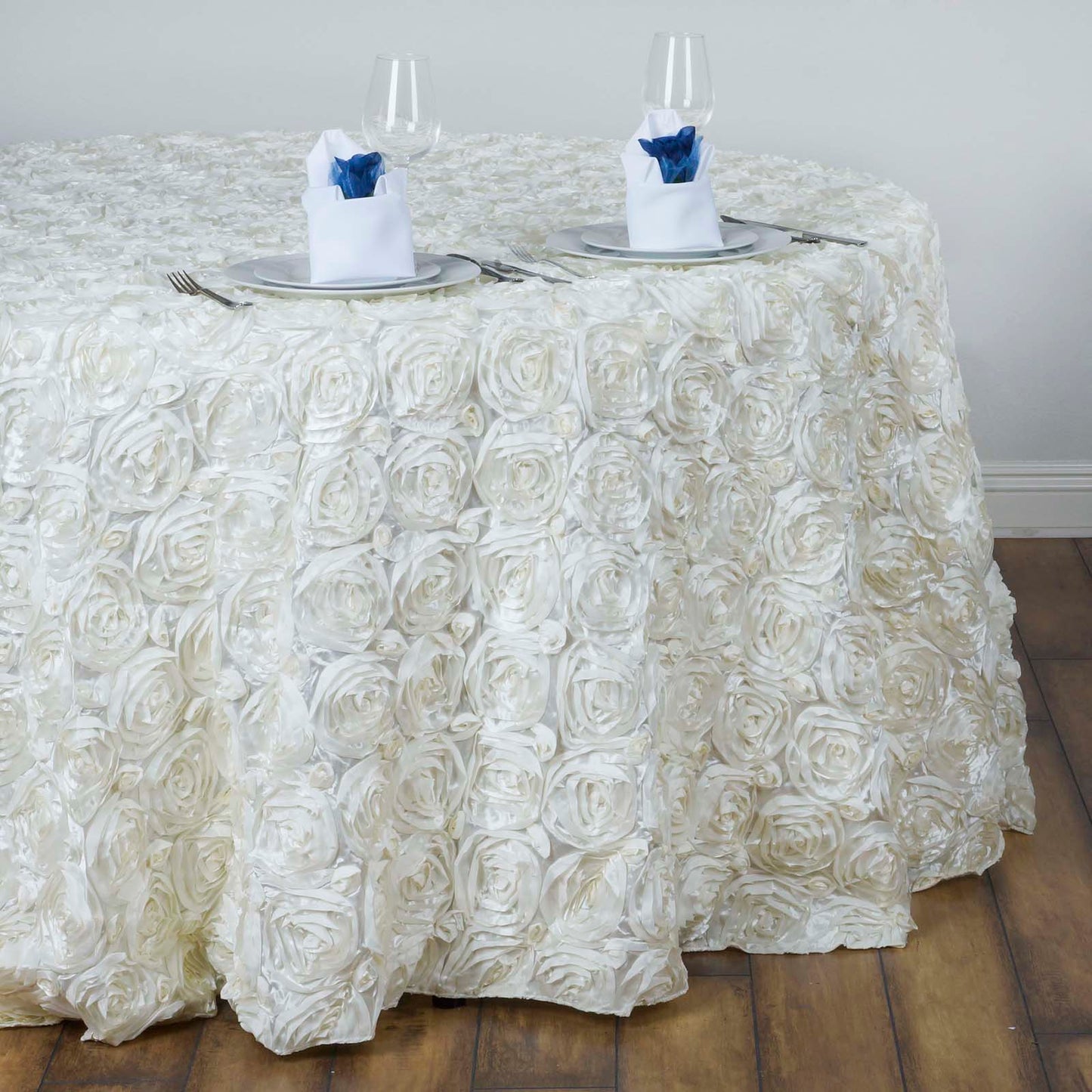 Ivory Seamless Grandiose Rosette 3D Satin Round Tablecloth 132"