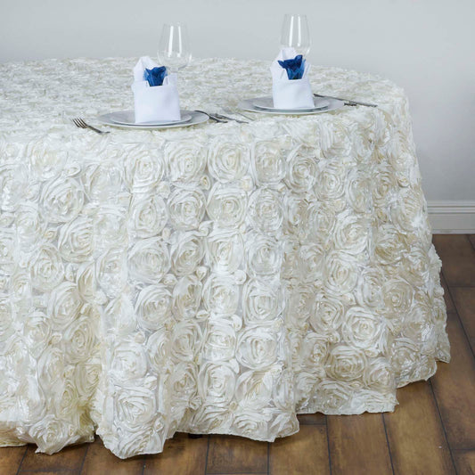 Ivory Seamless Grandiose Rosette 3D Satin Round Tablecloth 132"