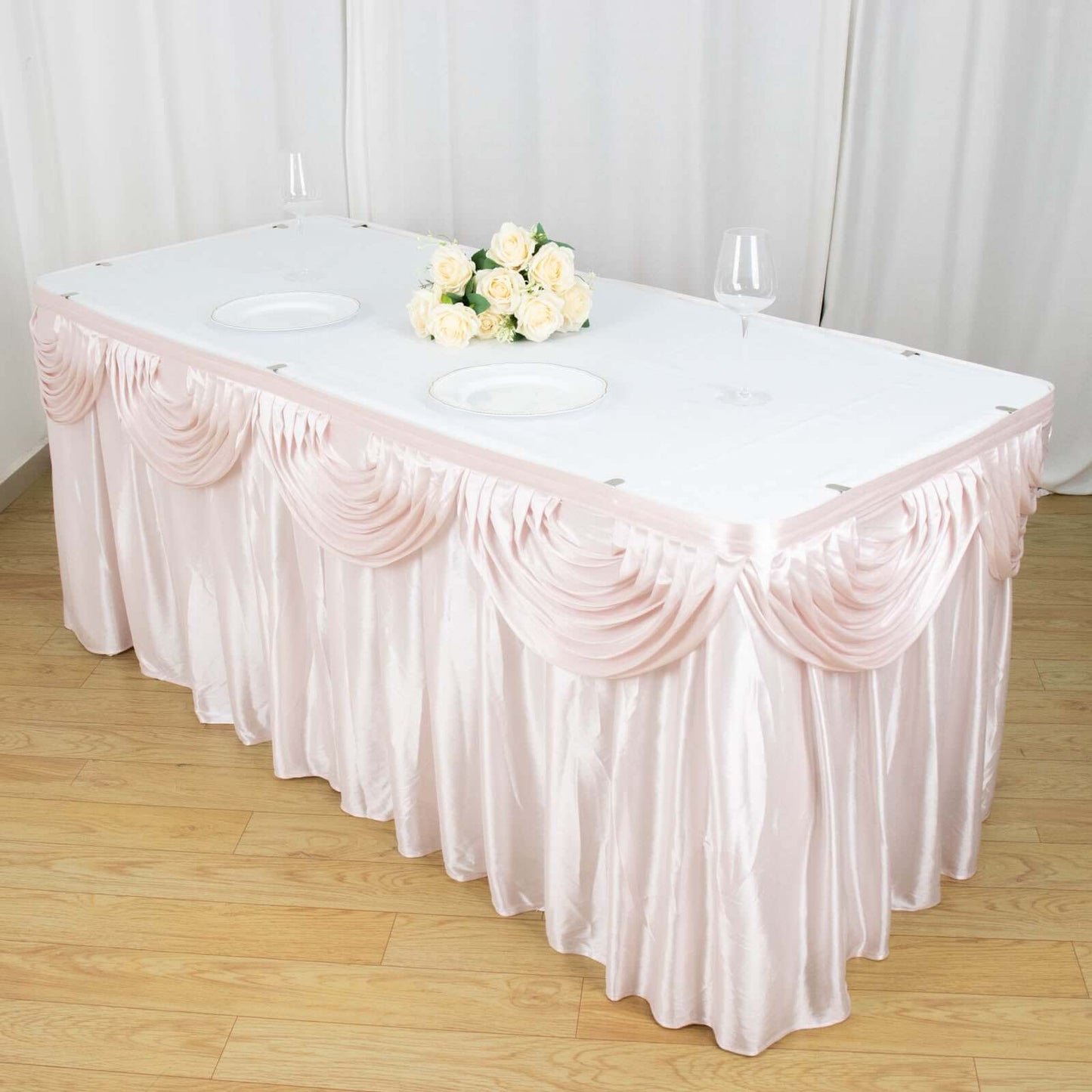 Blush Pleated Satin Double Drape Table Skirt 14ft
