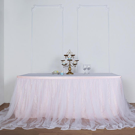 Blush White Extra Long Two Layered Tulle and Satin Table Skirt 48" 17ft