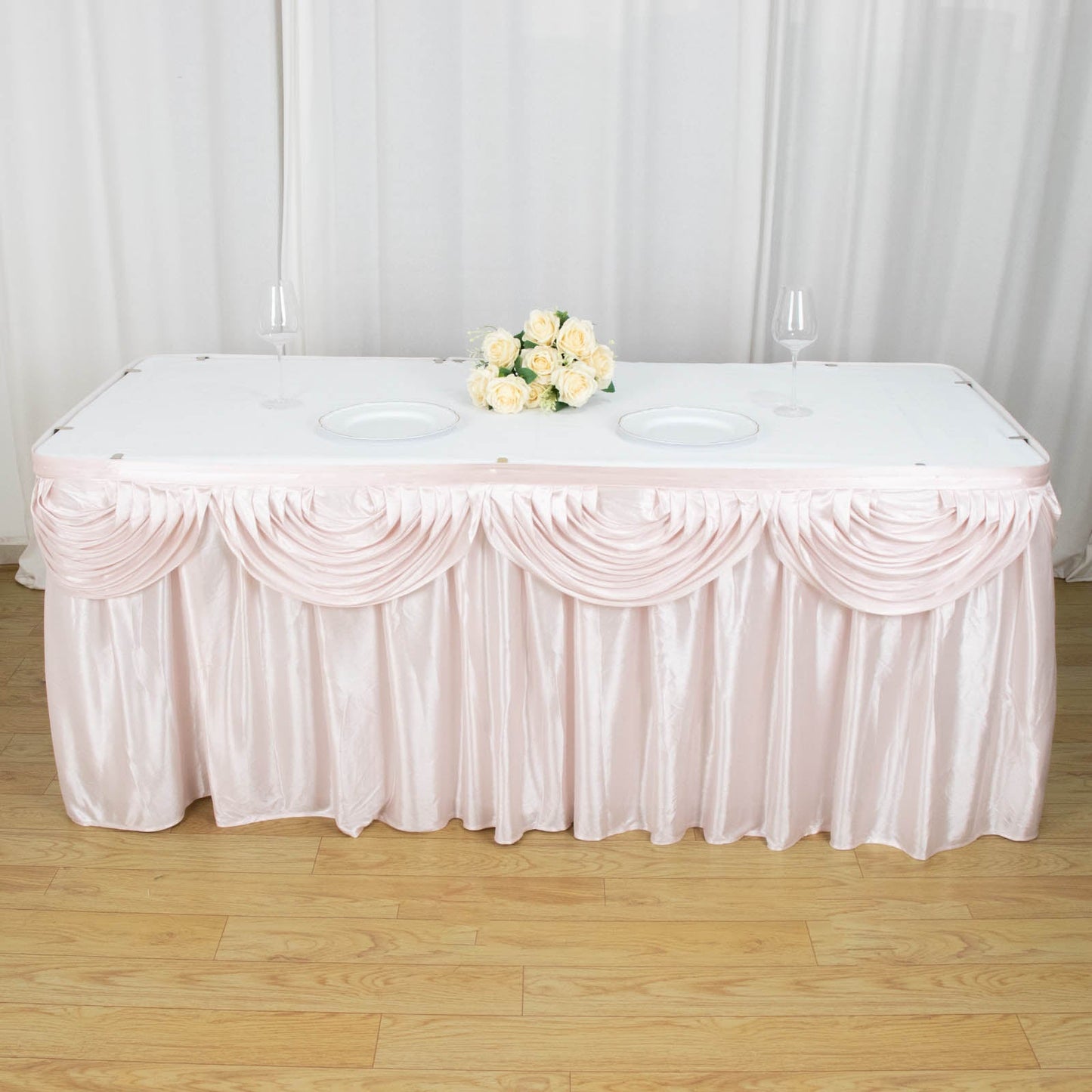 Blush Pleated Satin Double Drape Table Skirt 21ft