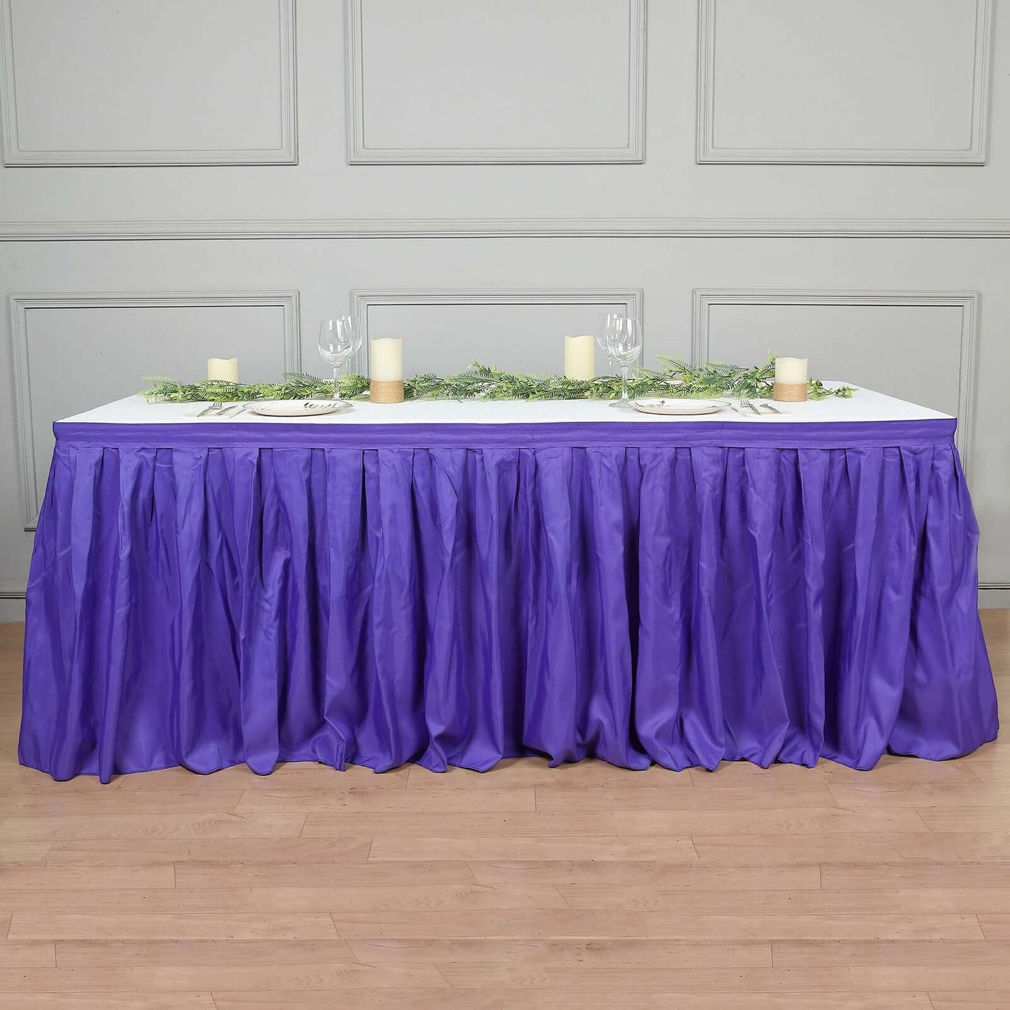Purple Pleated Polyester Table Skirt, Banquet Folding Table Skirt 21ft