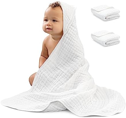 Comfy Cubs 2 Pack Baby Hooded Muslin Cotton Towel for Kids, Large 32” x 32”, Ultra Soft, Warm, and Absorbent. Baby Essentials Bath Towels, Cute Unisex Cover for Girls and Boys (2 Pack, White)