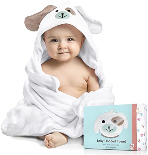 FOREVERPURE Baby Towels with Hood Baby Gifts Bath Hooded Towels for Baby X-Large Premium Organic Bamboo Cotton and Washcloths for Boy and Girl Ultra Soft Dog Perfect White 35 x 35 inches