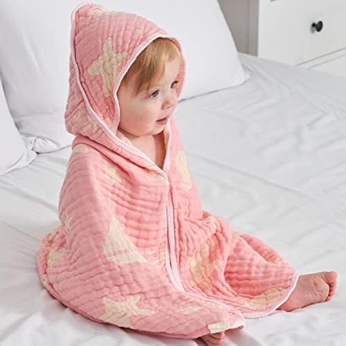 HardNok Bamboo Muslin Baby Towel Hooded,32 x 32 inches Silk Soft and Comfortable 6 Layer Large Bath Towel for Boys,Girls(Ocean Pink)……
