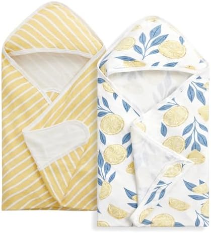 Momcozy Baby Hooded Towel, 2 Pack Bamboo Cotton Baby Towel Set, Super Soft Bath Towel with Original Design, Shower Gifts for Infant, Toddler (28 X 28 Inch, Lemon Leaves)