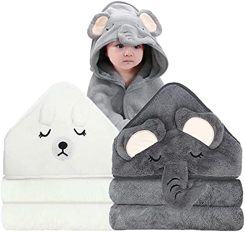 ROXANEPIG 2 Pack Hooded Baby Towels - Premium Ultra Soft Organic Baby Bath Towel – Absorbent and Hypoallergenic Towels for Baby Boy Girl, Toddler, Newborn Essentials (Elephant & Bear)