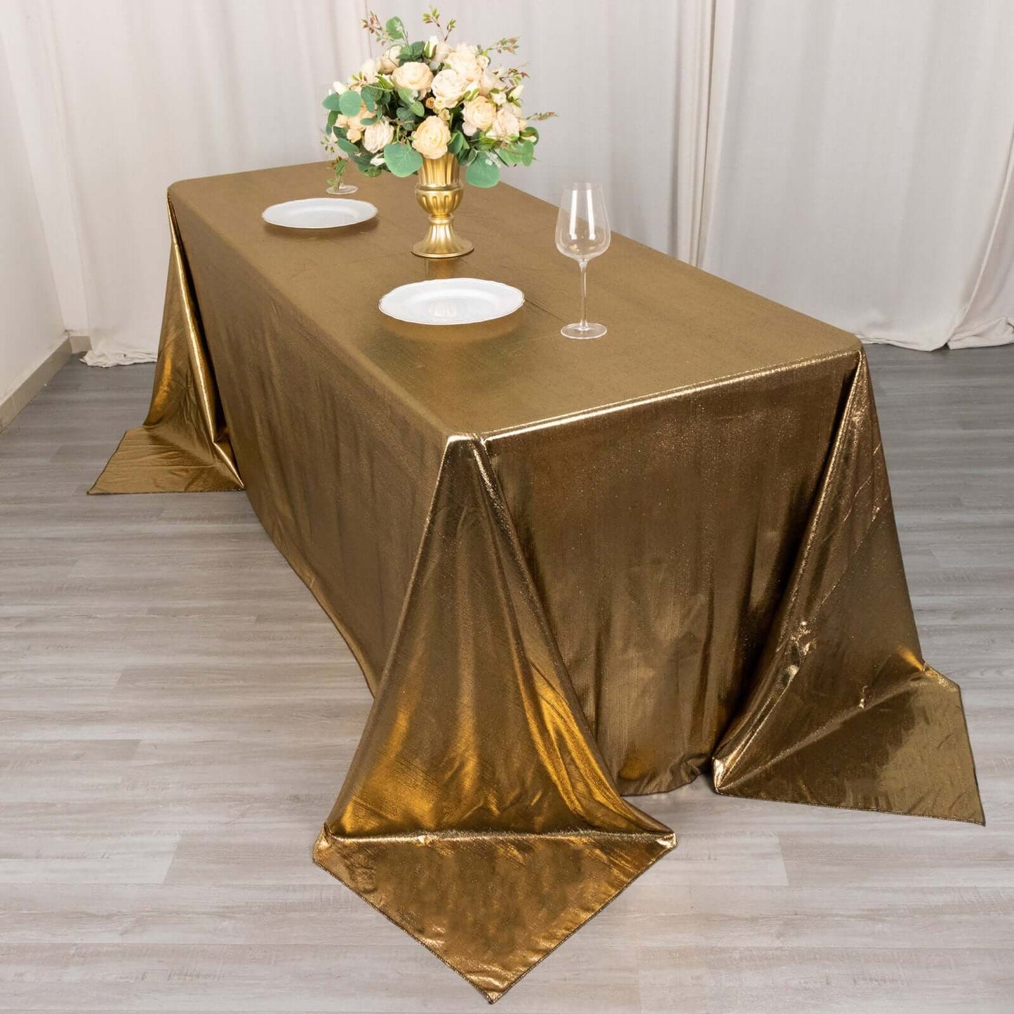 90"x132" Antique Gold Shimmer Sequin Dots Polyester Tablecloth, Wrinkle Free Sparkle Glitter Table Cover