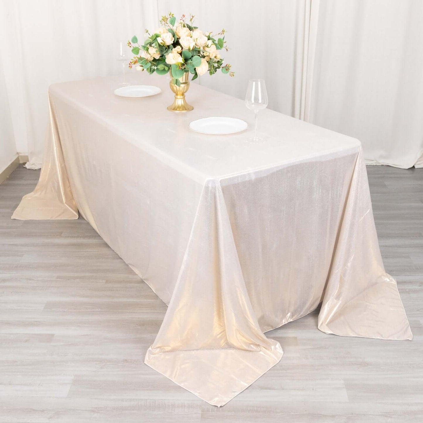 90"x132" Beige Shimmer Sequin Dots Polyester Tablecloth, Wrinkle Free Sparkle Glitter Table Cover