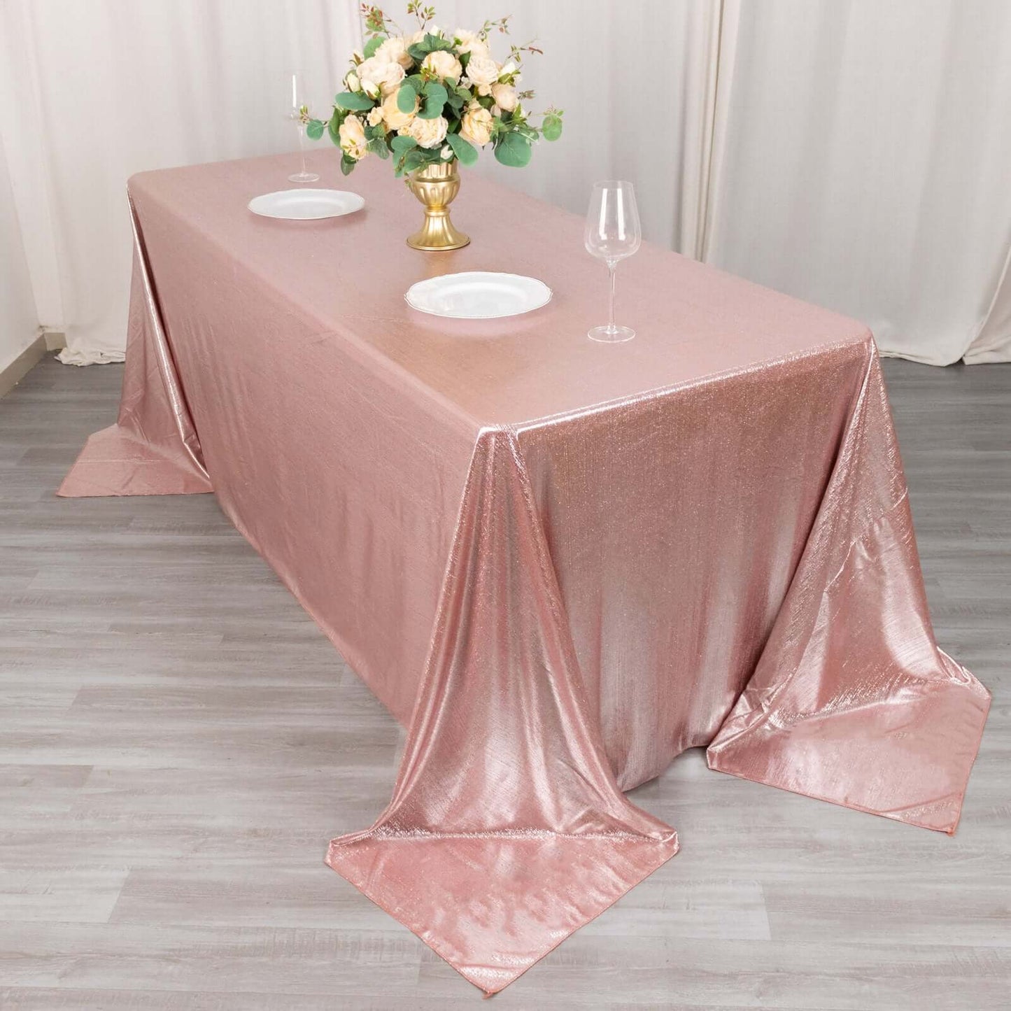 90"x132" Rose Gold Shimmer Sequin Dots Polyester Tablecloth, Wrinkle Free Sparkle Glitter Table Cover