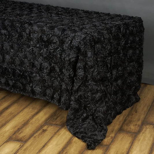 Black Seamless Grandiose Rosette 3D Satin Rectangle Tablecloth 90"x156"