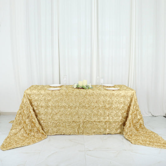 Champagne Seamless Grandiose Rosette 3D Satin Rectangle Tablecloth 90"x156"