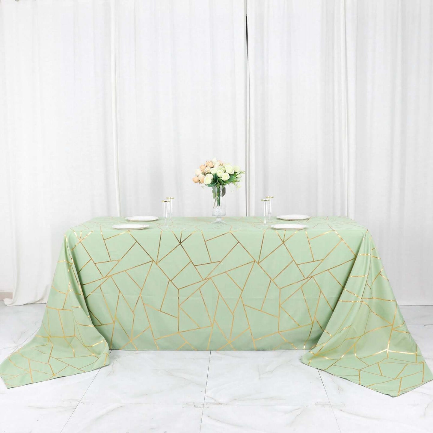 Sage Green Seamless Rectangle Polyester Tablecloth With Gold Foil Geometric Pattern 90"x156"