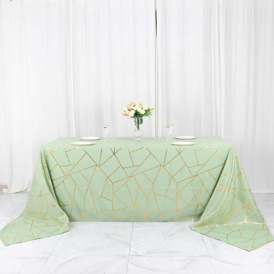 Sage Green Seamless Rectangle Polyester Tablecloth With Gold Foil Geometric Pattern 90"x156"