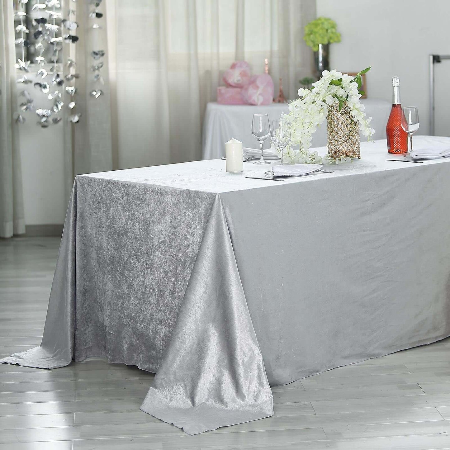 Silver Seamless Premium Velvet Rectangle Tablecloth, Reusable Linen 90"x156"