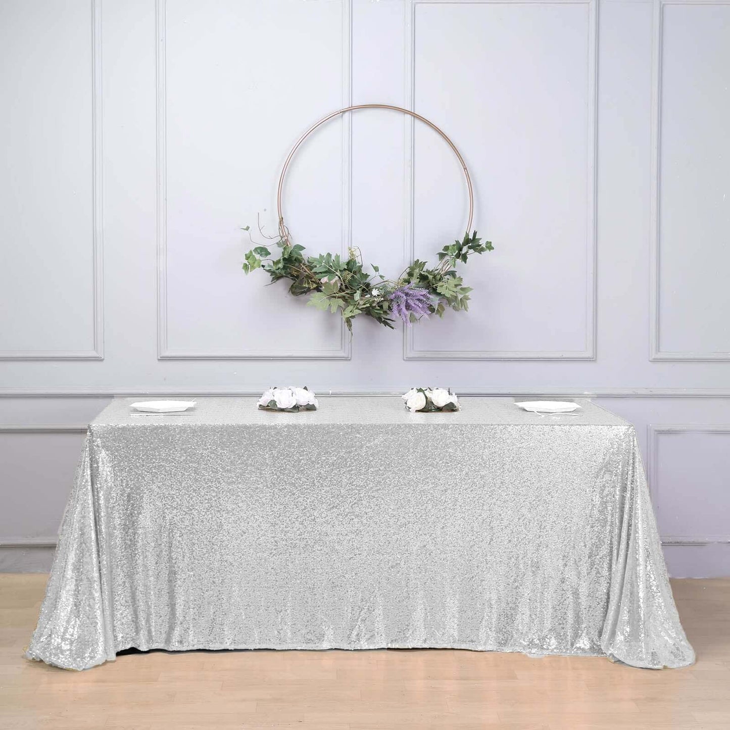Silver Seamless Premium Sequin Rectangle Tablecloth 90x156"