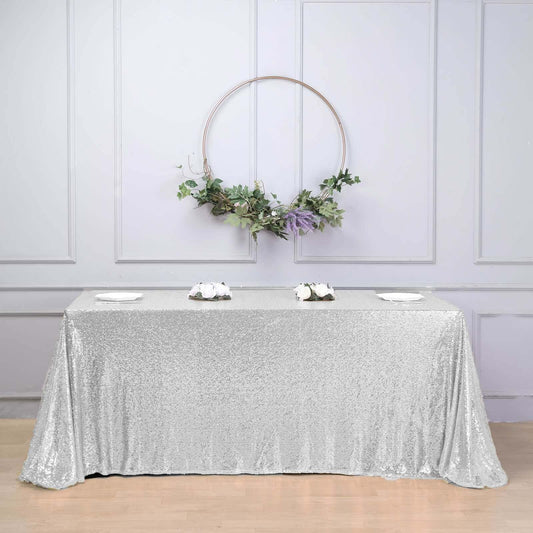 Silver Seamless Premium Sequin Rectangle Tablecloth 90x156"