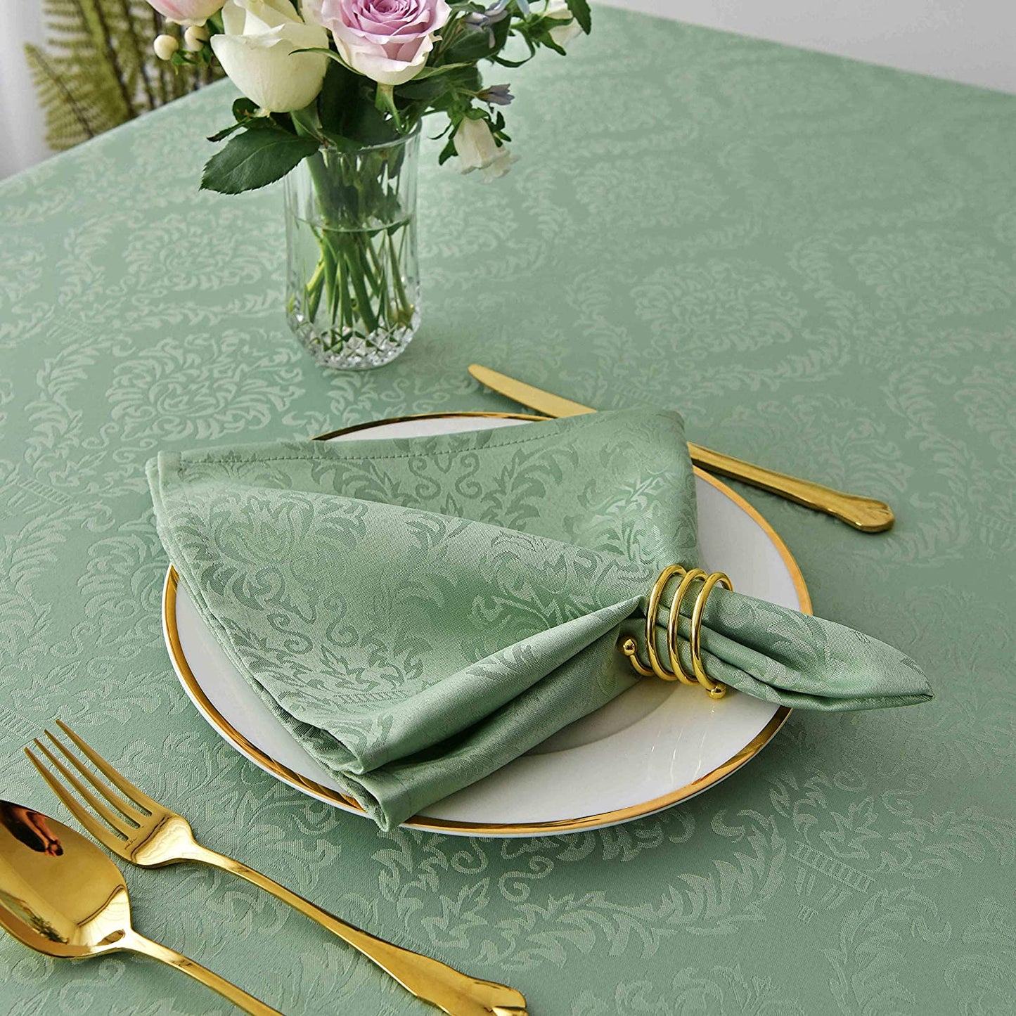 Jacquard Table Cloth Damask Pattern Rectangle 52 x 70 Inch Sage Green