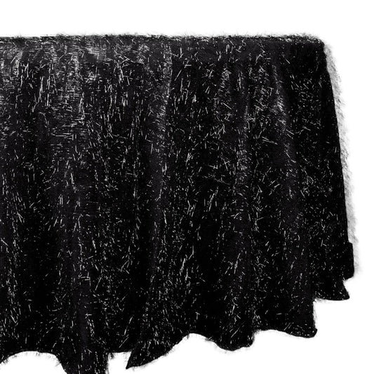 120" Black Metallic Premium Tinsel Shag Round Tablecloth, Shimmery Metallic Fringe Polyester Tablecloth