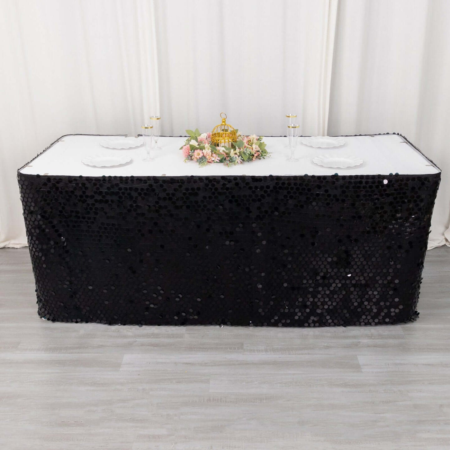 Black Premium Big Payette Sequin Dual Layered Satin Table Skirt 21ft
