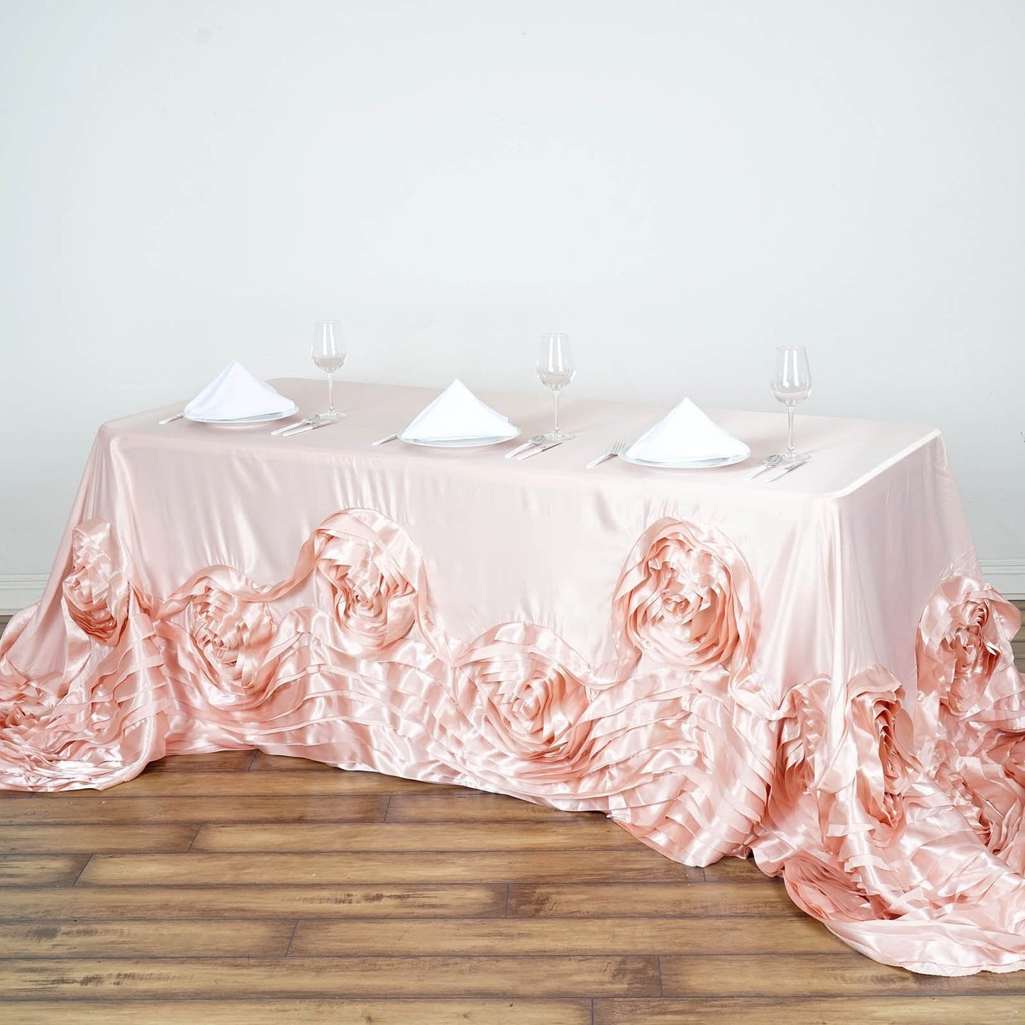 Blush Seamless Large Rosette Rectangular Lamour Satin Tablecloth 90"x132"