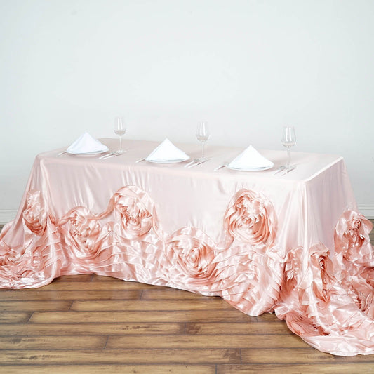 Blush Seamless Large Rosette Rectangular Lamour Satin Tablecloth 90"x132"