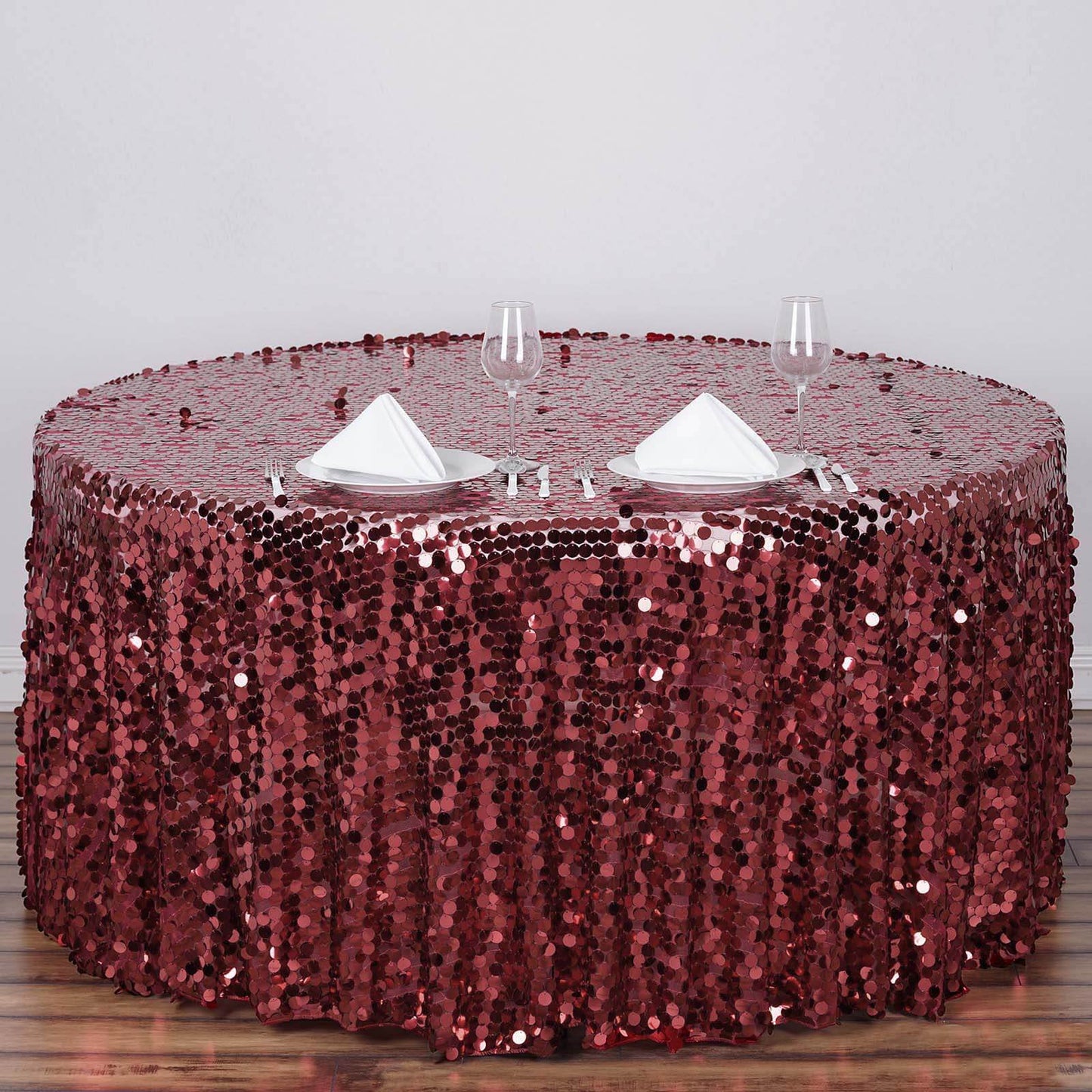 Burgundy Seamless Big Payette Sequin Round Tablecloth Premium Collection 120"
