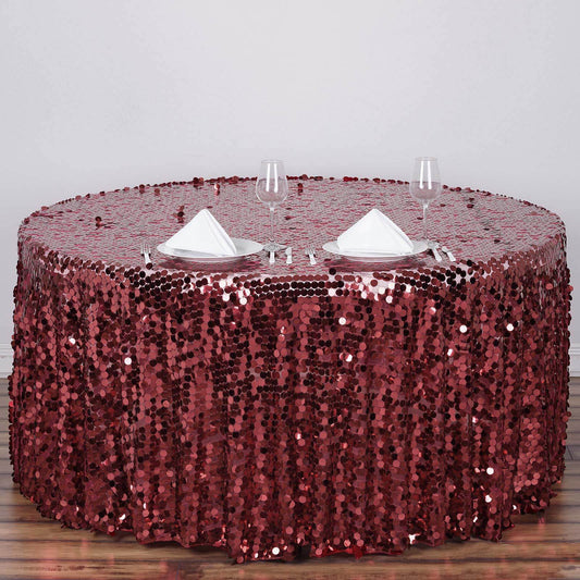 Burgundy Seamless Big Payette Sequin Round Tablecloth Premium Collection 120"