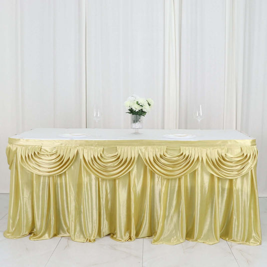 Champagne Pleated Satin Double Drape Table Skirt 14ft