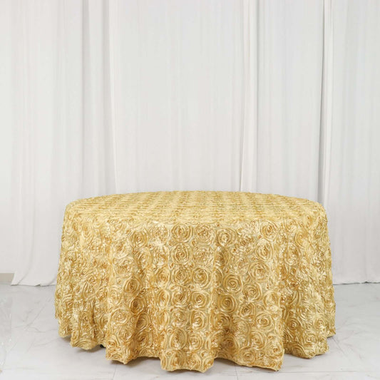 Champagne Seamless Grandiose 3D Rosette Satin Round Tablecloth 120"