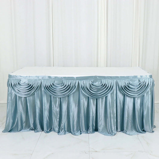 Dusty Blue Pleated Satin Double Drape Table Skirt 14ft