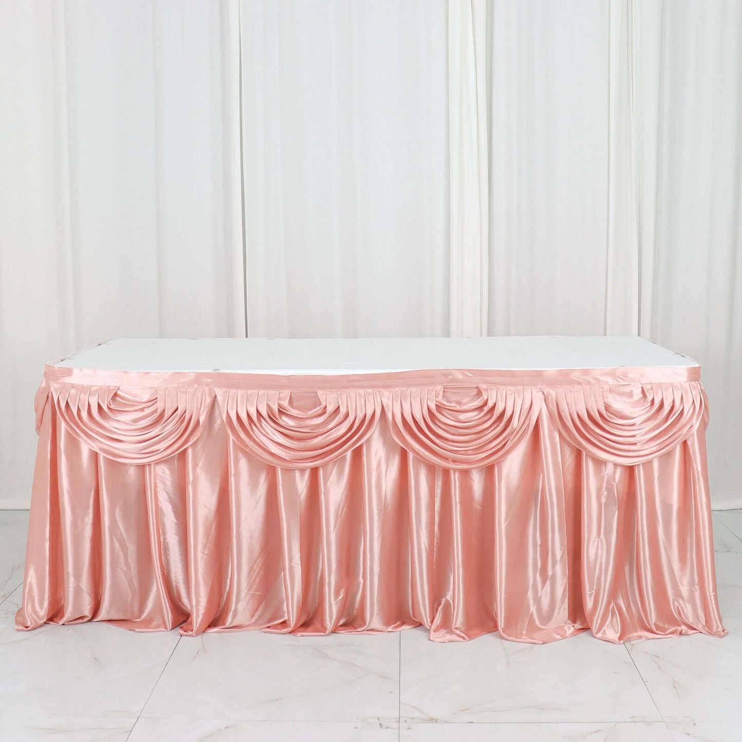 Dusty Rose Pleated Satin Double Drape Table Skirt 14ft