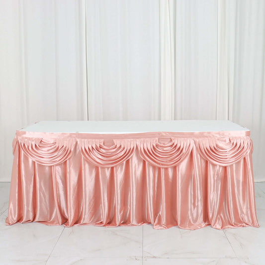 Dusty Rose Pleated Satin Double Drape Table Skirt 14ft