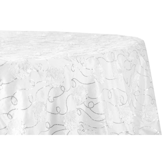 Flower on Sequin Taffeta Tablecloth 132" Round - White