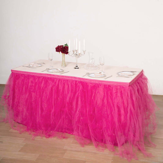 Fuchsia 4 Layer Tulle Tutu Pleated Table Skirt 14ft