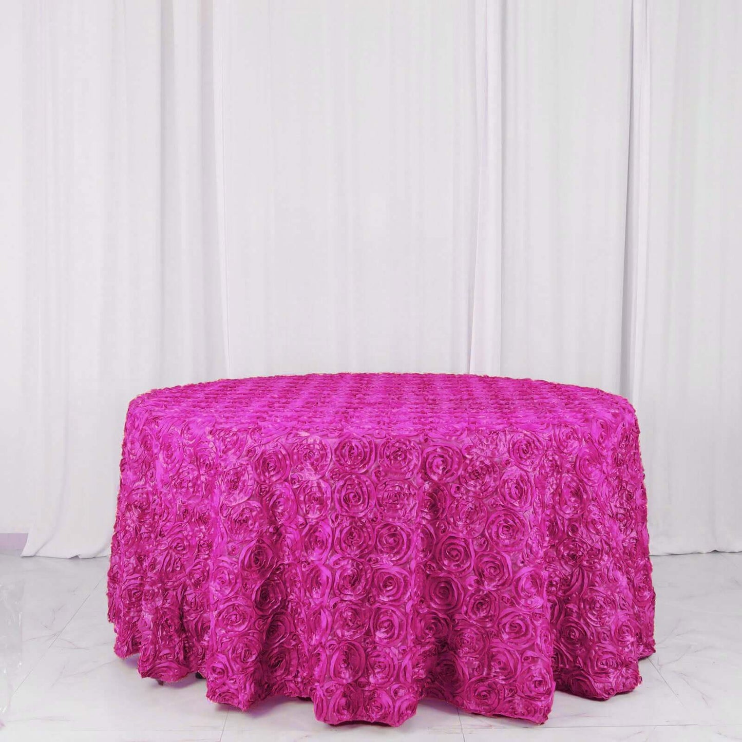 Fuchsia Seamless Grandiose 3D Rosette Satin Round Tablecloth 120"