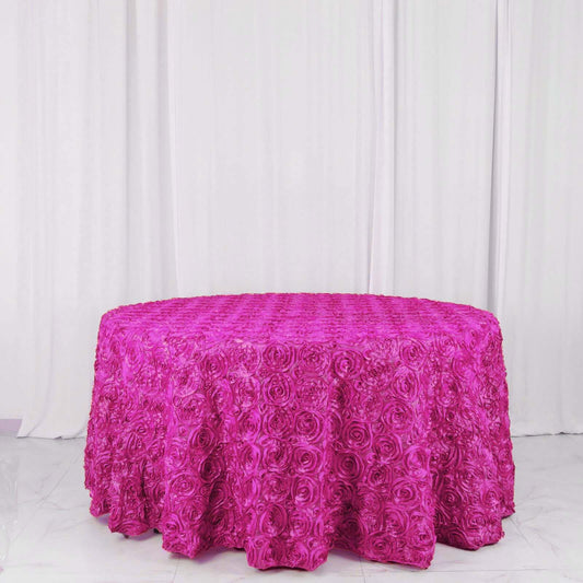 Fuchsia Seamless Grandiose 3D Rosette Satin Round Tablecloth 120"