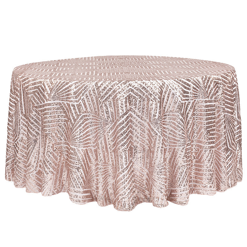 Geometric Glitz Art Deco Sequin Tablecloth 120" Round - Blush/Rose Gold