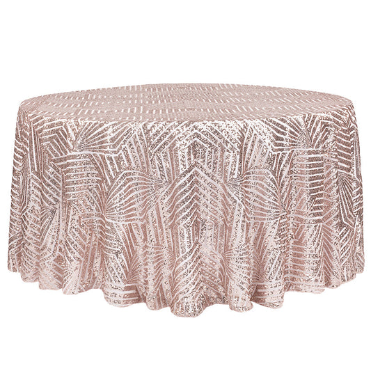 Geometric Glitz Art Deco Sequin Tablecloth 120" Round - Blush/Rose Gold