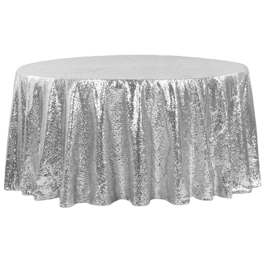 Glitz Sequins 132" Round Tablecloth - Silver