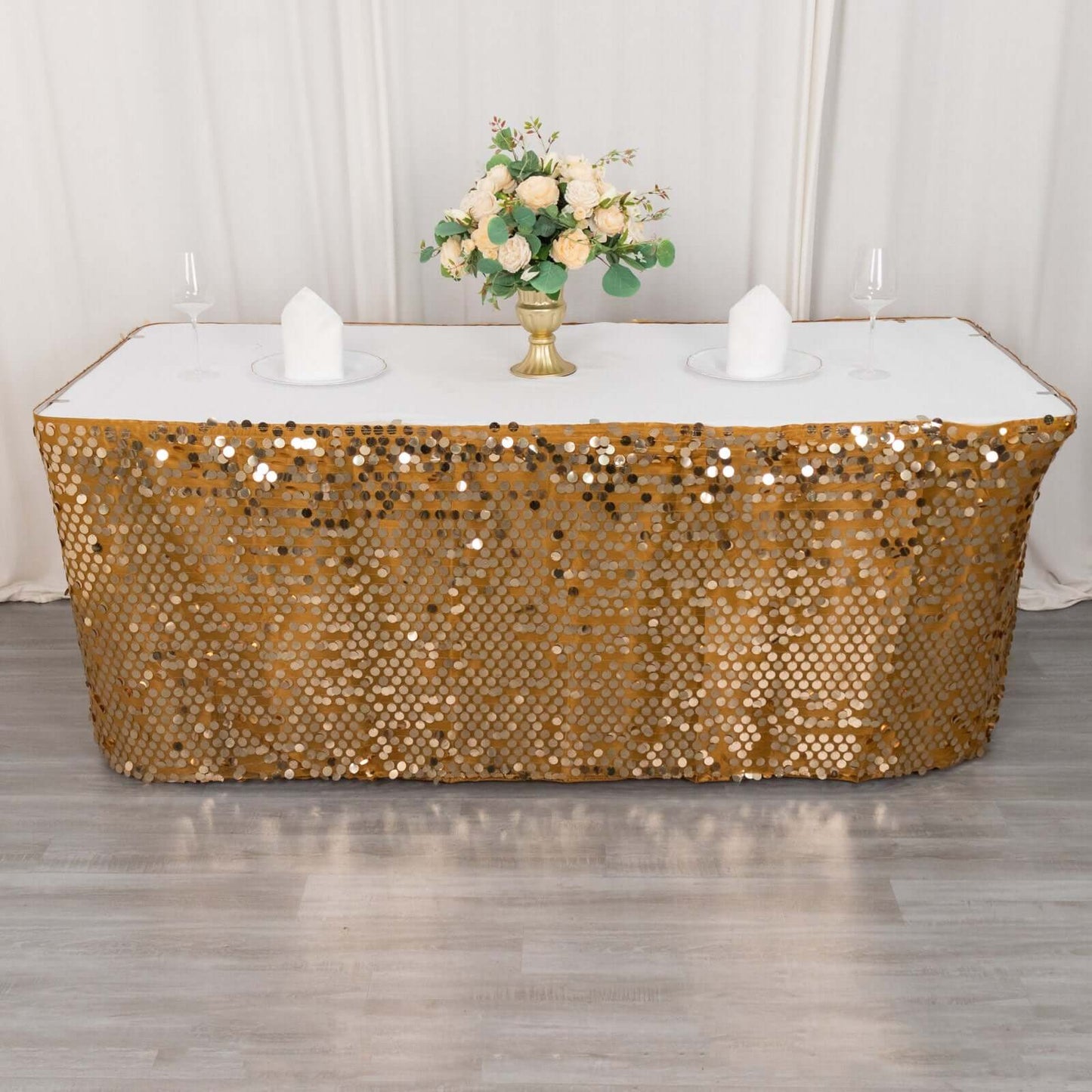 Gold Premium Big Payette Sequin Dual Layered Satin Table Skirt 21ft
