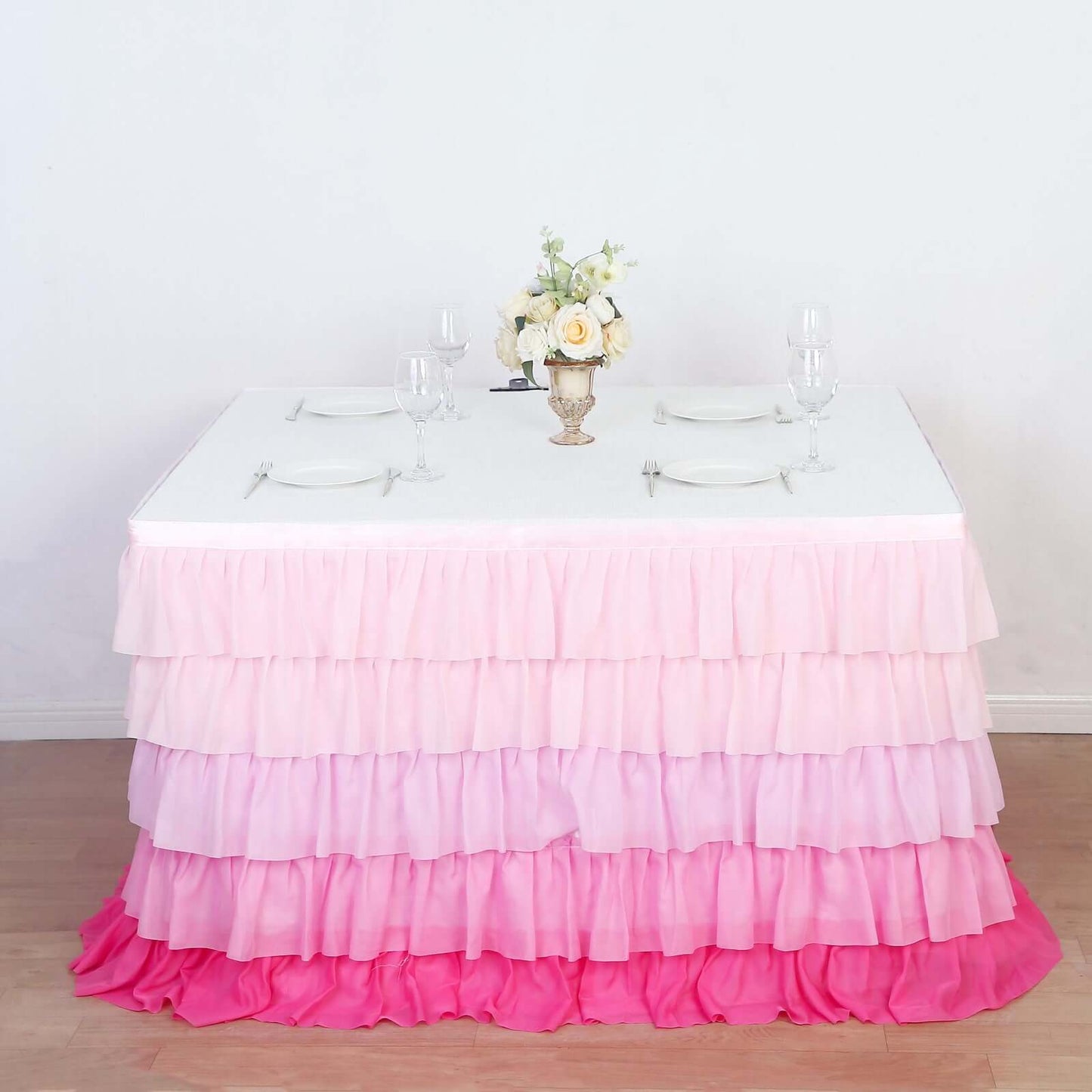 14ft Gradient Pink Chiffon Ruffled Tutu Table Skirt with Satin Backing, 5-Tier Ombre Table Skirting
