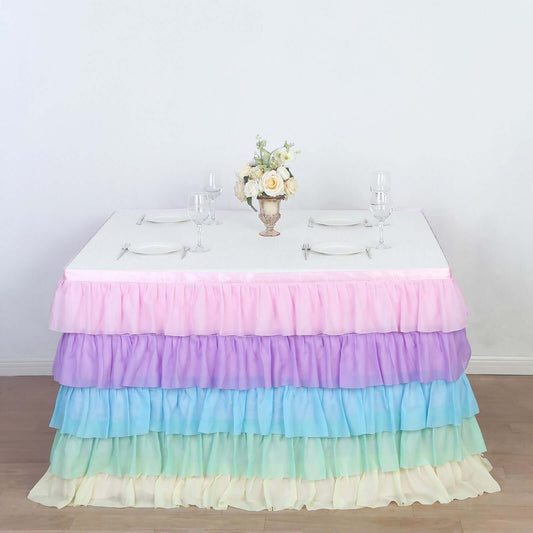 14ft Gradient Unicorn Themed Chiffon Ruffled Tutu Table Skirt with Satin Backing, 5-Tier Rainbow Table Skirting