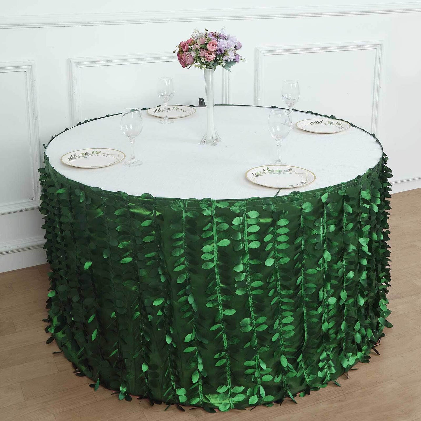 Green 3D Leaf Petal Taffeta Fabric Table Skirt - 14ft