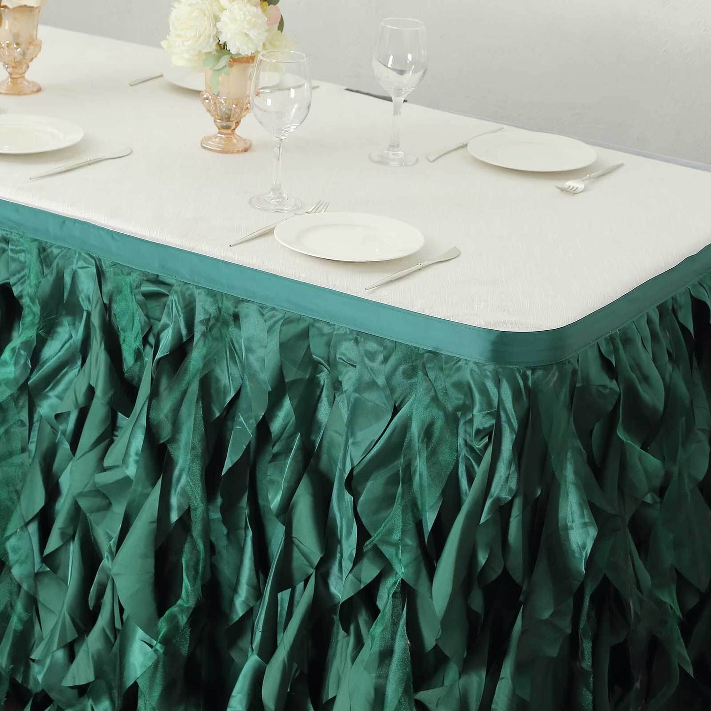 Hunter Emerald Green Curly Willow Taffeta Table Skirt - 14ft