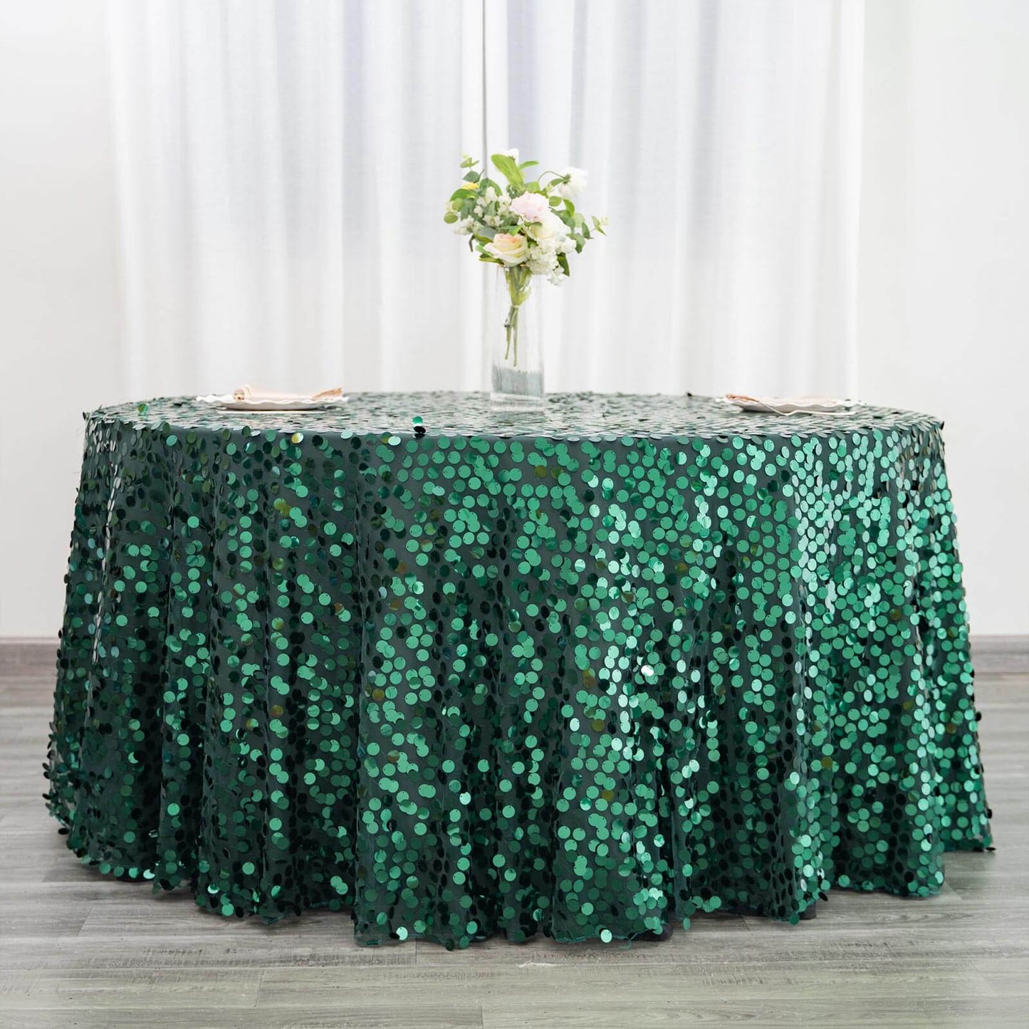 Hunter Emerald Green Seamless Big Payette Sequin Round Tablecloth Premium Collection 120"